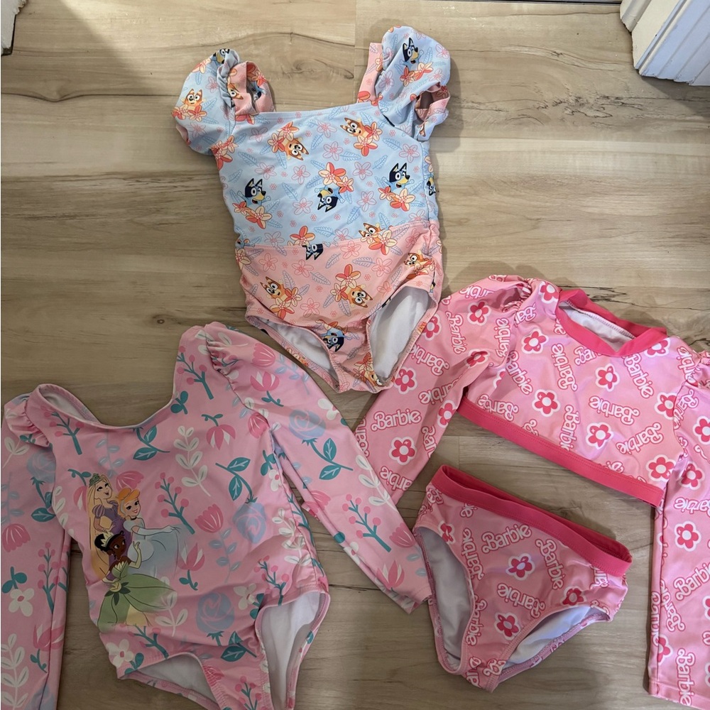 Disney Girls Pink Floral & Blue Character One-Piece Swim Set